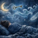 person sleeping in a dark blue bedroom with dream symbols floating above