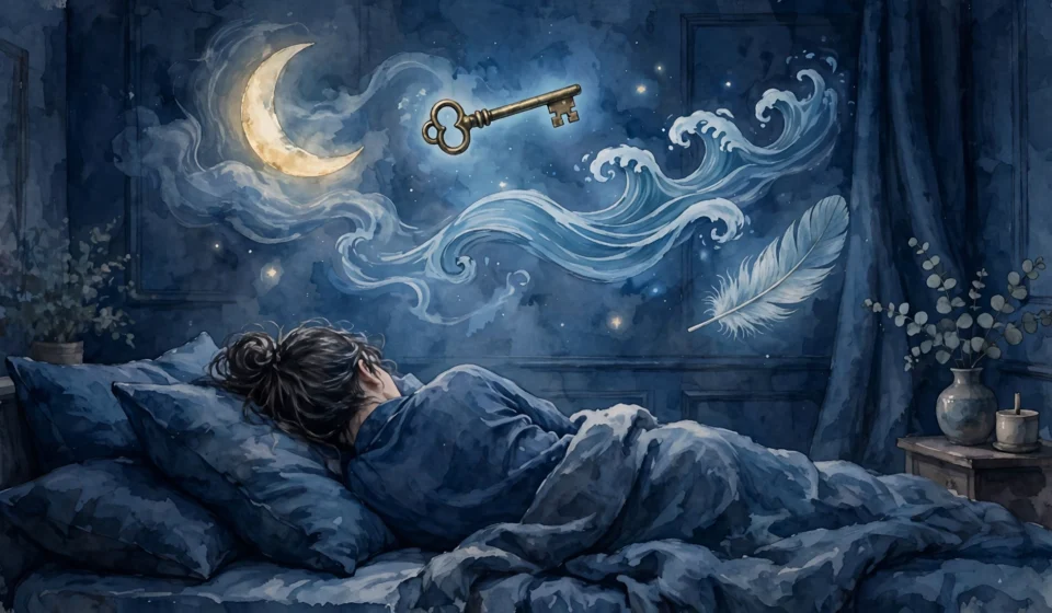person sleeping in a dark blue bedroom with dream symbols floating above