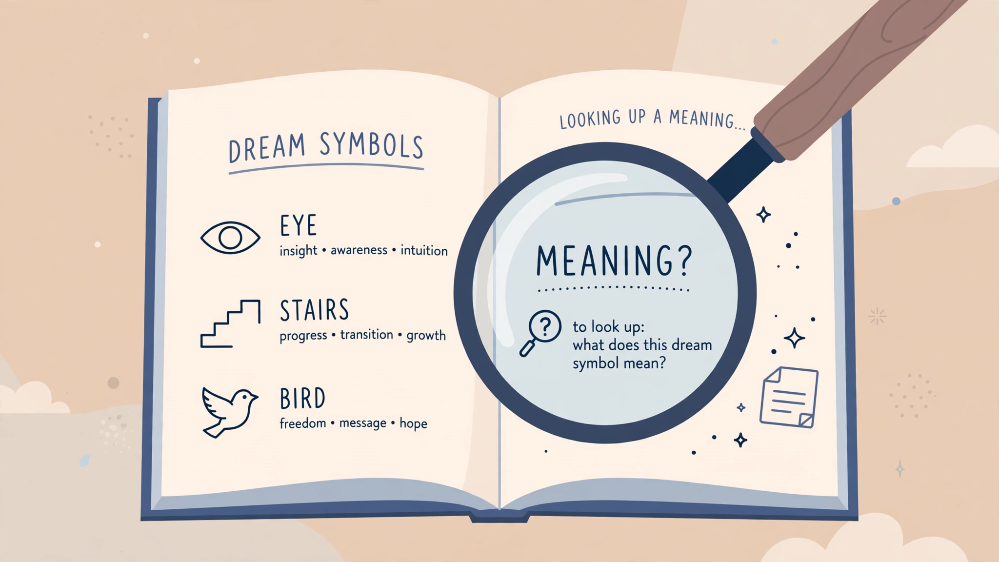 magnifying glass over an open book with dream symbols
