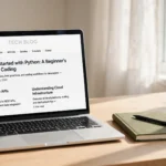 laptop showing a generic tech blog homepage on a clean desk