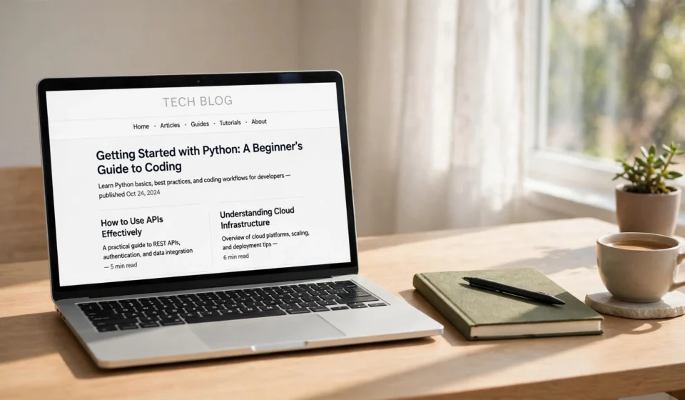 laptop showing a generic tech blog homepage on a clean desk