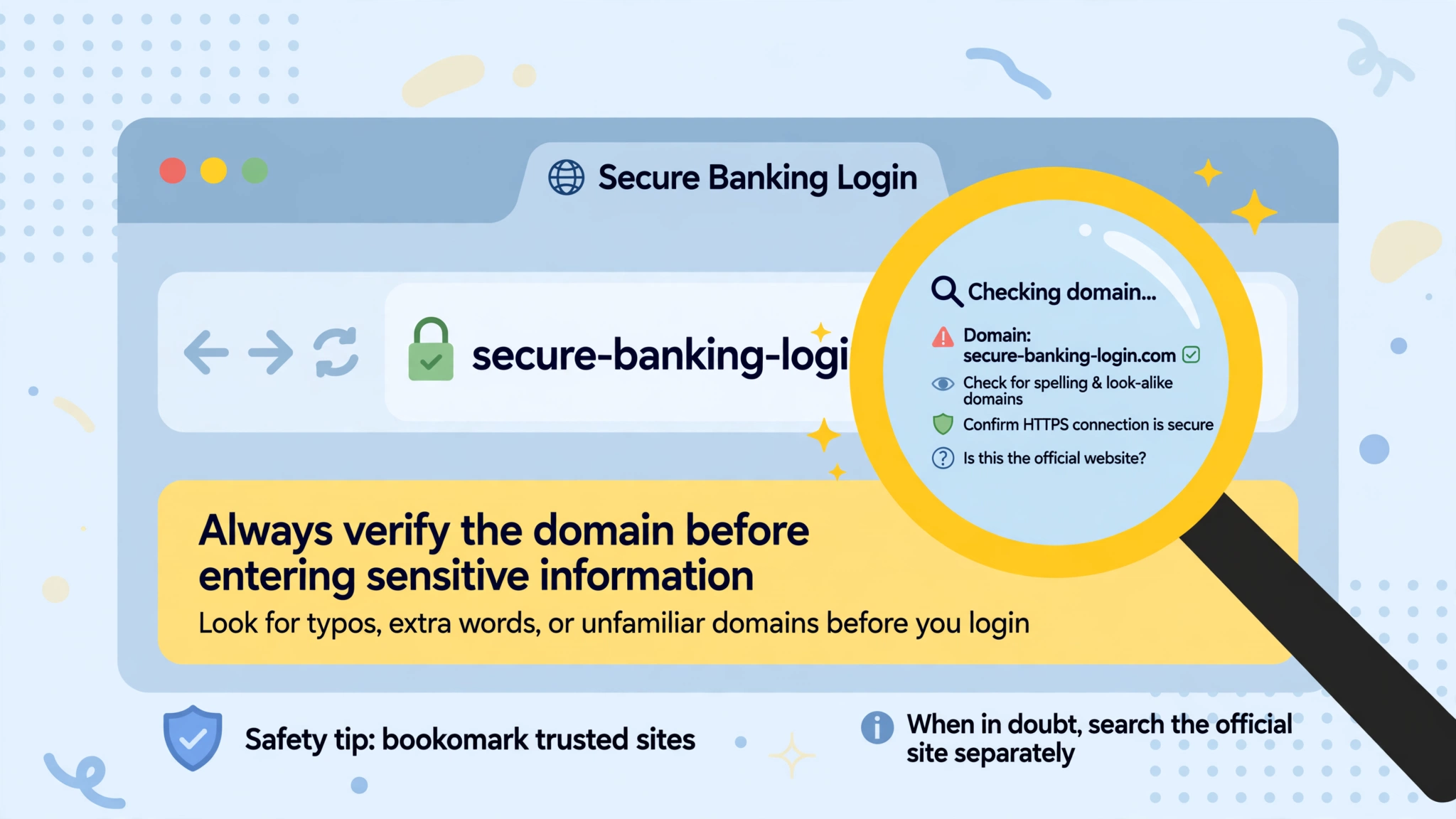 magnifying glass over a browser address bar checking the domain