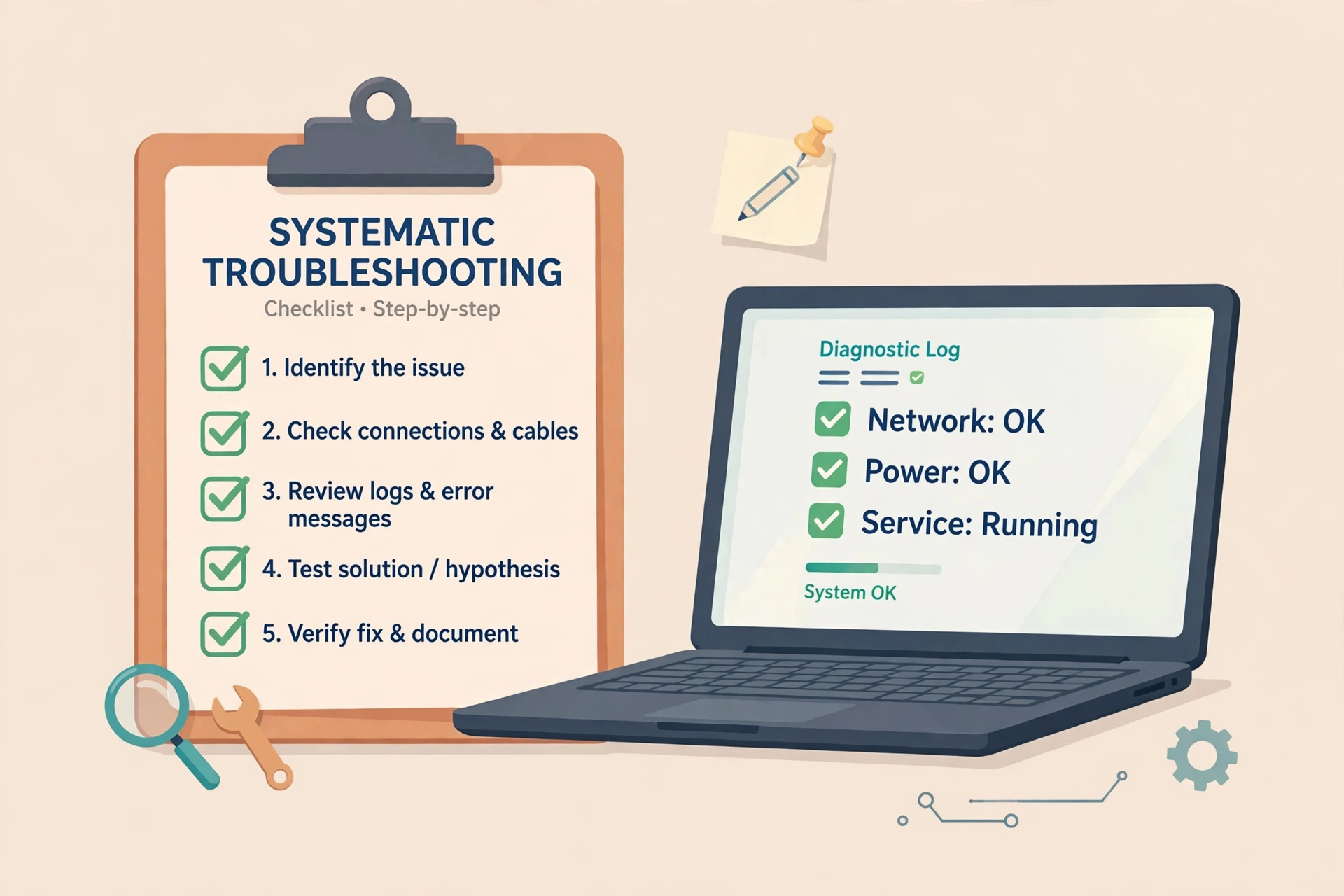 Checklist with checkmarks on a clipboard next to a laptop, systematic troubleshooting