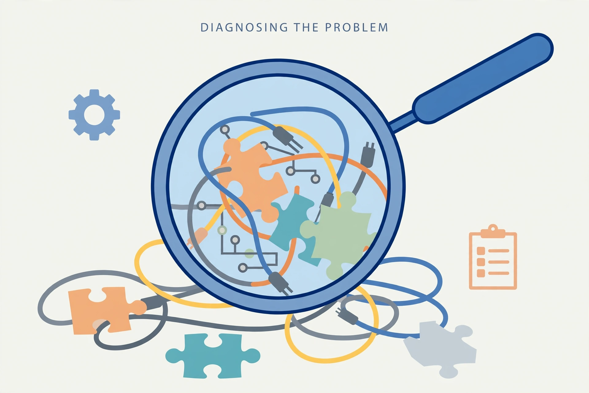 Magnifying glass over tangled cables and puzzle pieces, diagnosing a technical problem