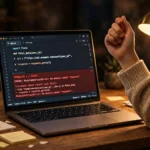Laptop screen showing a code editor with a red error message