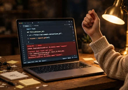 Laptop screen showing a code editor with a red error message