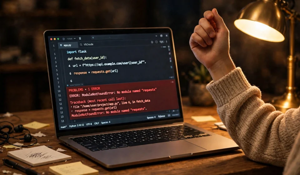 Laptop screen showing a code editor with a red error message